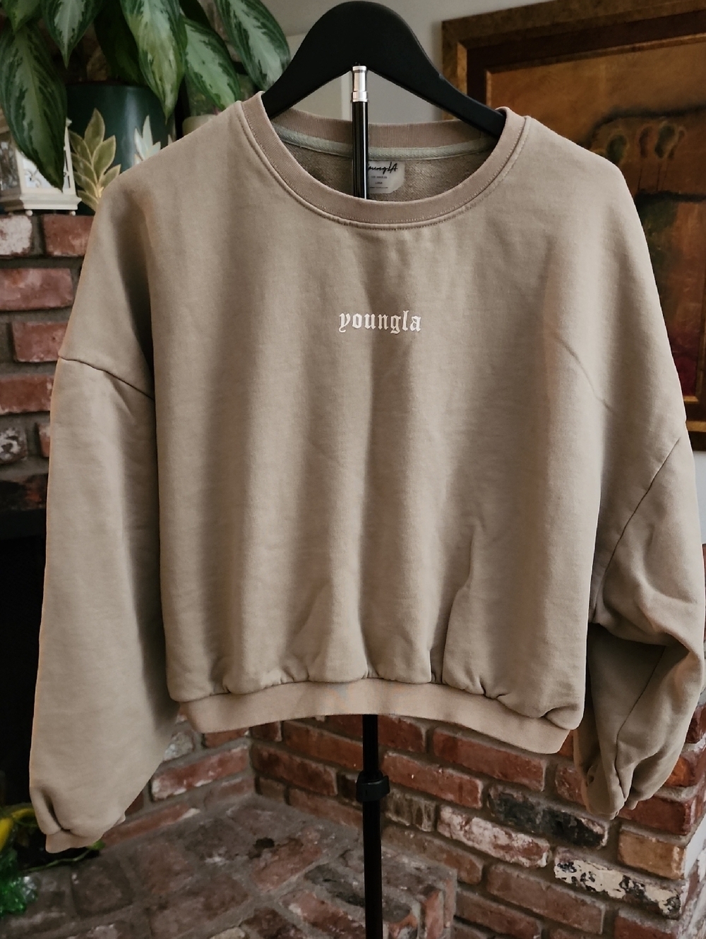 YoungLA Cropped Sweatshirt Taupe Graphic Crewneck Oversized Cozy Athleisure